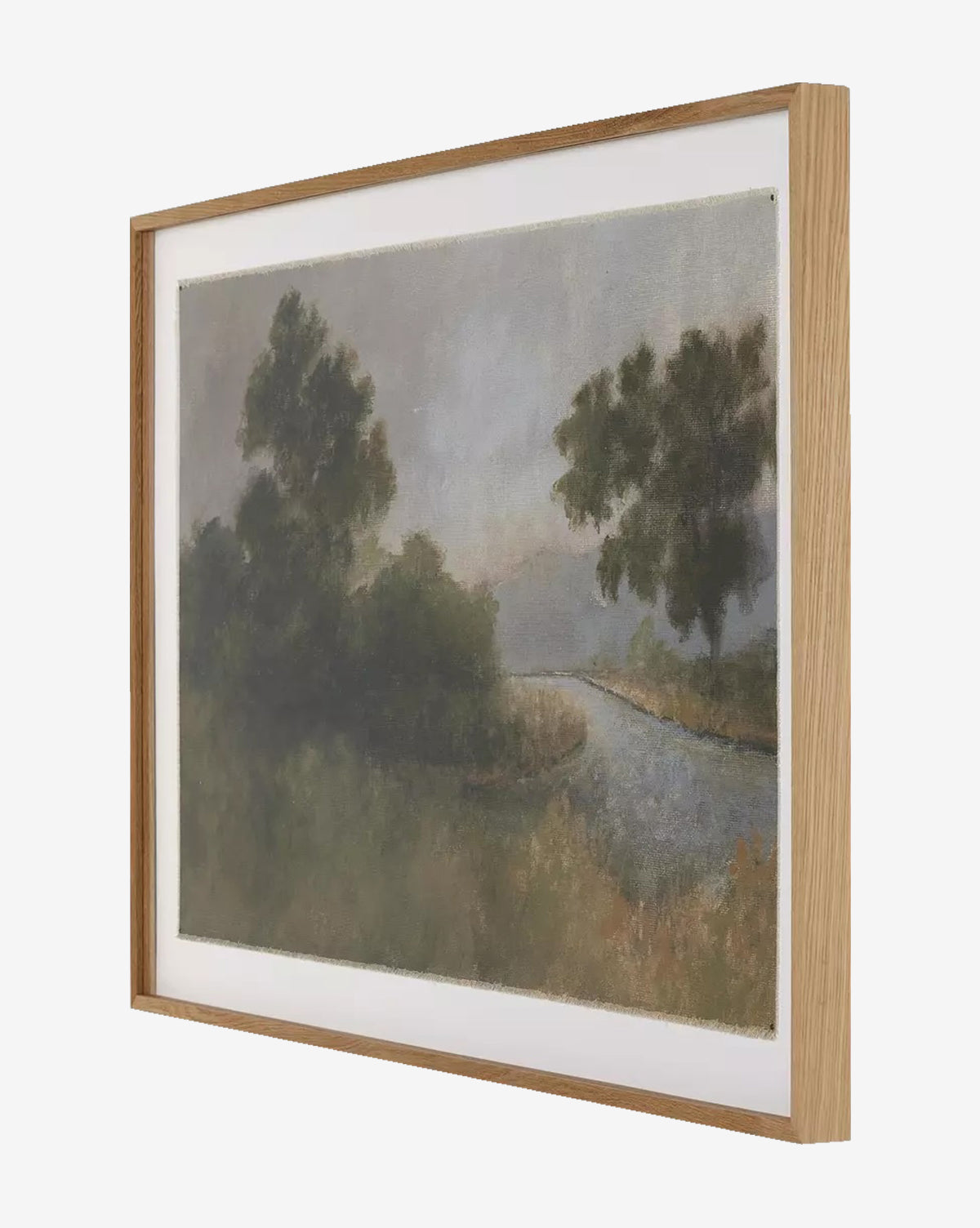 Morning Glory by Aileen Fitzgerald is a framed painting featuring trees, a river, and soft muted colors, viewed from an angled side. This expressive artwork includes a light wood frame and white mat, by McGee & Co.