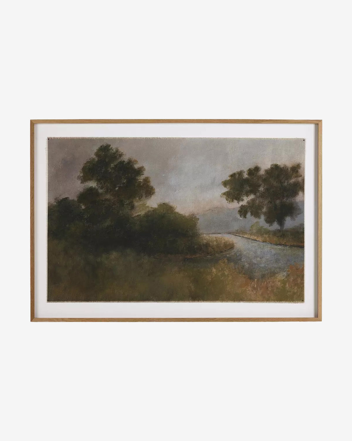 Morning Glory by Aileen Fitzgerald is a framed artwork featuring a serene landscape with dark green trees, a winding river, and an overcast sky, evoking a calm, moody ambiance, by McGee & Co.