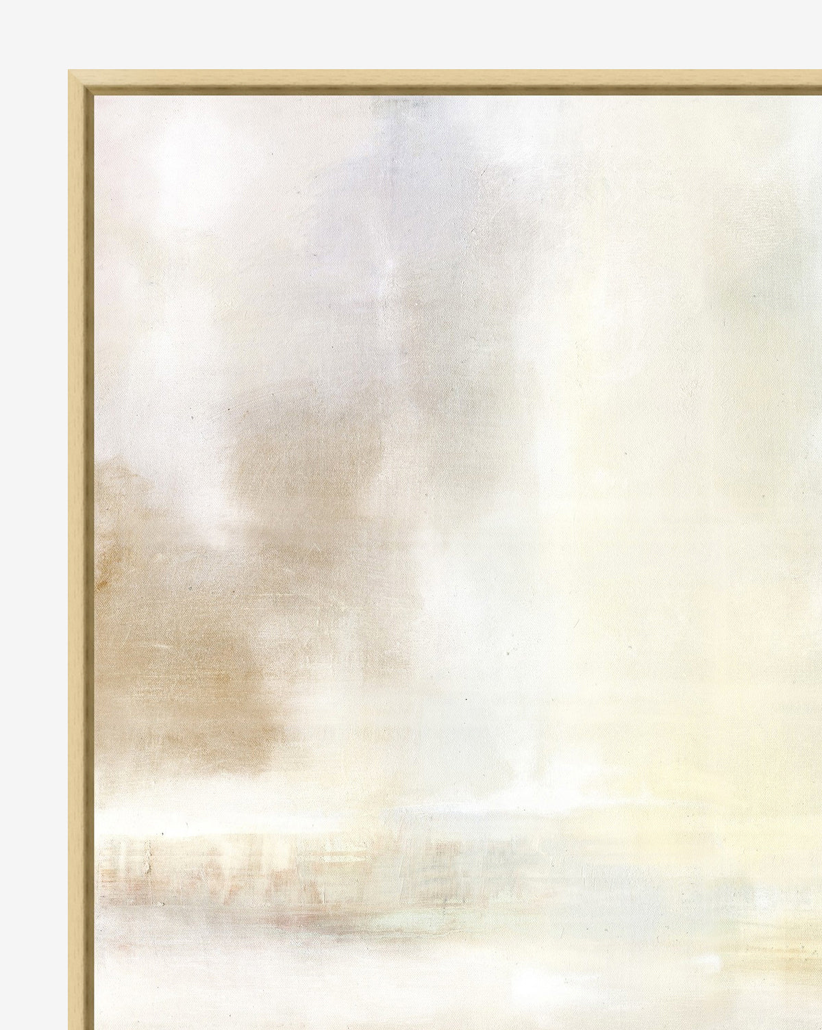 Morning Glow is an abstract painting in soft beige, white, and light brown with golden and amber accents. Framed in a slim wooden frame, it adds natural warmth and a dreamy ambiance to your home decor.
