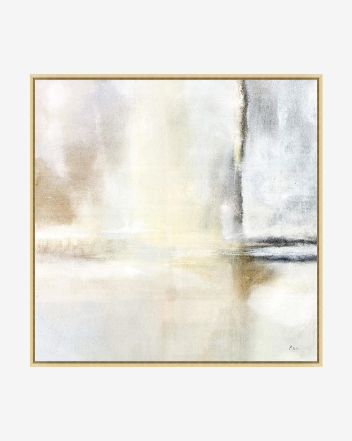 Morning Glow is an abstract painting blending soft beige, cream, grey, and hints of gold and amber. Horizontal lines create a tranquil, misty landscape. Set in a light wooden frame, its perfect for adding natural warmth to your decor.