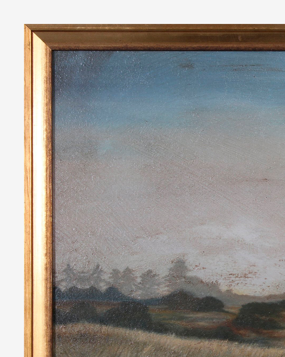 A close-up of the upper left corner of Morning Valley, a framed painting with a gold frame, depicting a moody valley scene with a cloudy sky, distant trees, and grassy fields.