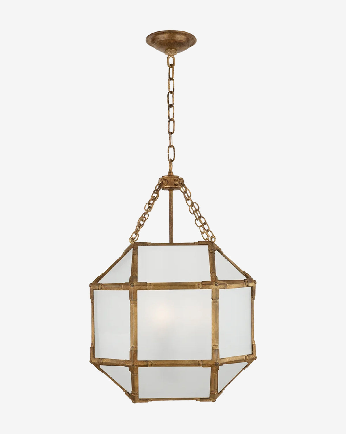 The Morris Lantern by Visual Comfort & Co. Signature features frosted glass panels and a gold frame, suspended from a matching gold chain and ceiling mount, offering a modern take on the iconic oversized lantern design. McGee & Co.
