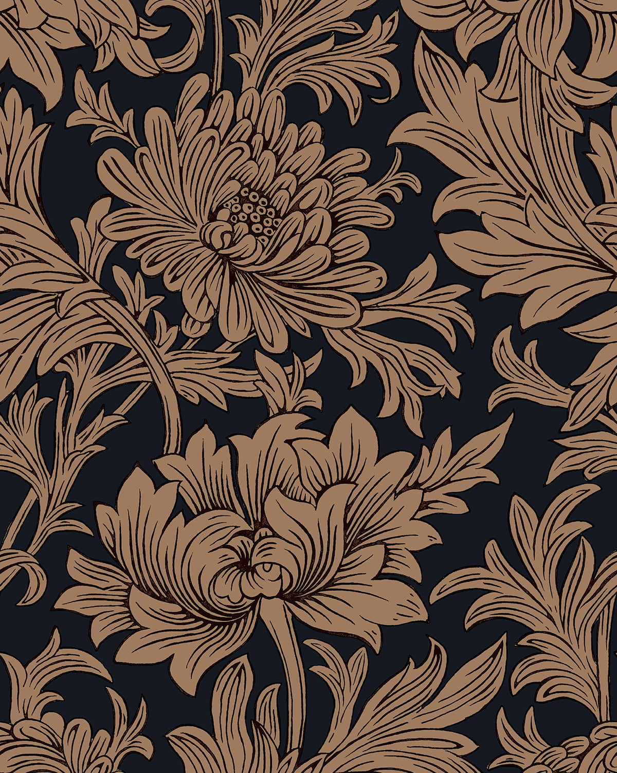 Certainly! Here is your revised sentence with the exact string McGee & Co. blended at the end: The Morris & Co. x McGee & Co. Chrysanthemum Wallpaper by Sanderson Design Group, Inc. features large, detailed brown chrysanthemum flowers and leaves with intricate linework on a dark background for a vintage, elegant look by McGee & Co.