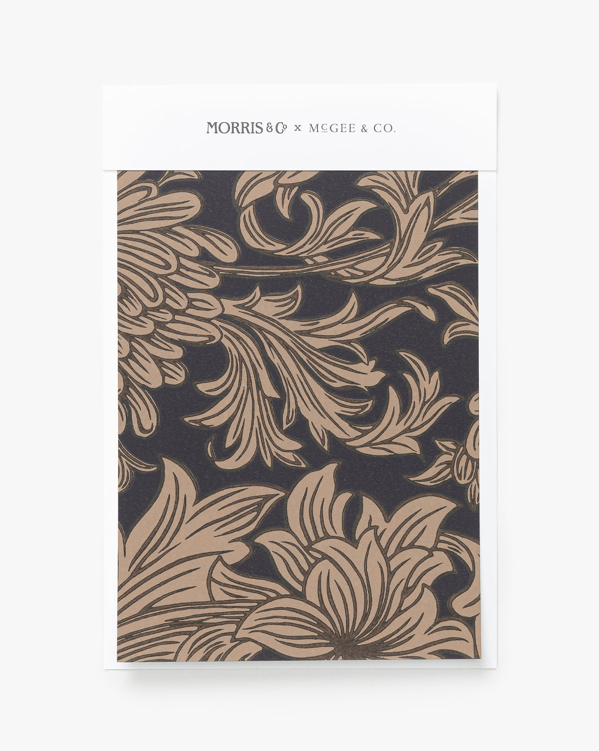A decorative wallpaper swatch features the Morris & Co. x McGee & Co. Chrysanthemum motif in beige on black, with branding on a white header. Brand: Sanderson Design Group, Inc. McGee & Co.