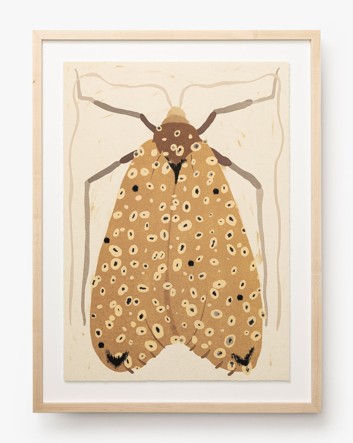 Moth IV By Coup dEsprit features a minimalist illustration of a brown moth with cream spots and muted wings, centered on a light background in a maple frame—softly rendered, stylized, and ideal as nursery wall art, by McGee & Co.
