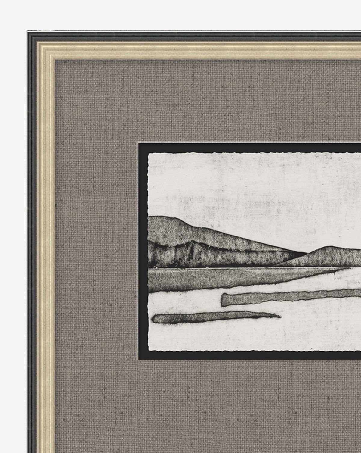 Mountain Lake is a framed black-and-white landscape drawing featuring distant hills and horizontal lines for water, with a hand-wrapped mat and light wood frame. Only part of the artwork and frame is shown.