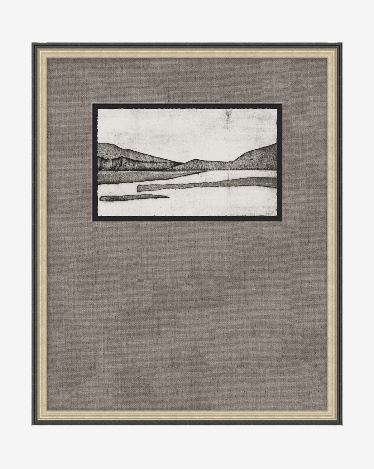 The Mountain Lake artwork features a minimalist black-and-white mountain lake scene, centered on a textured gray background and elegantly framed with a sleek gold and black two-tone border.