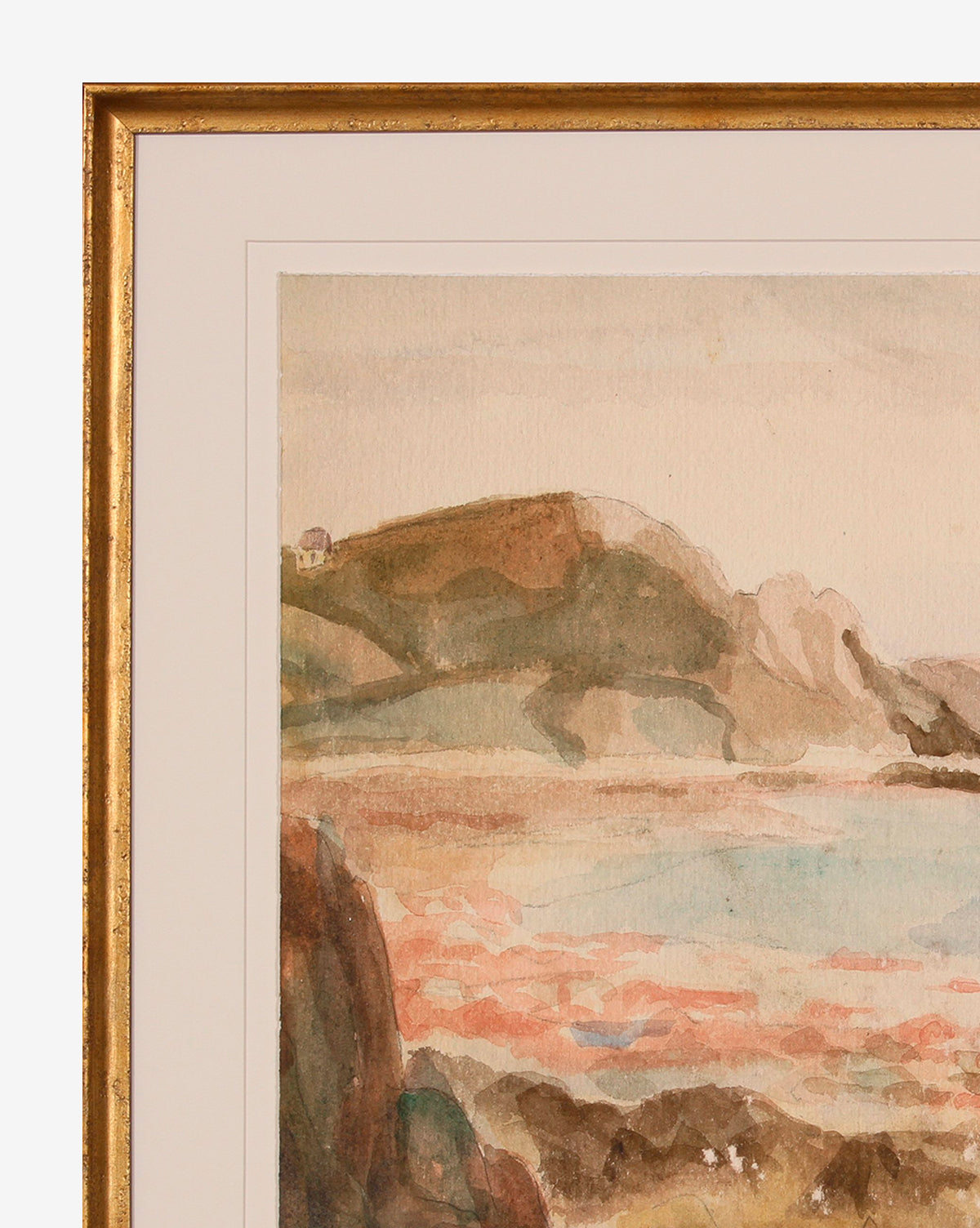 The framed watercolor Mountain Reserve showcases a serene mountain landscape in neutral pastel tones. Only the top left portion of this tranquil decor piece is visible.
