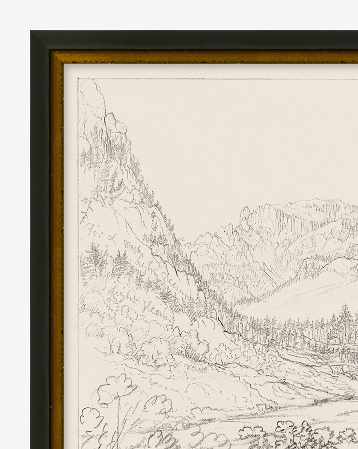 Mountain Valley is a framed art piece showcasing a black and white pencil sketch of rugged peaks, trees, and foliage, brought to life with detailed linework and shading.