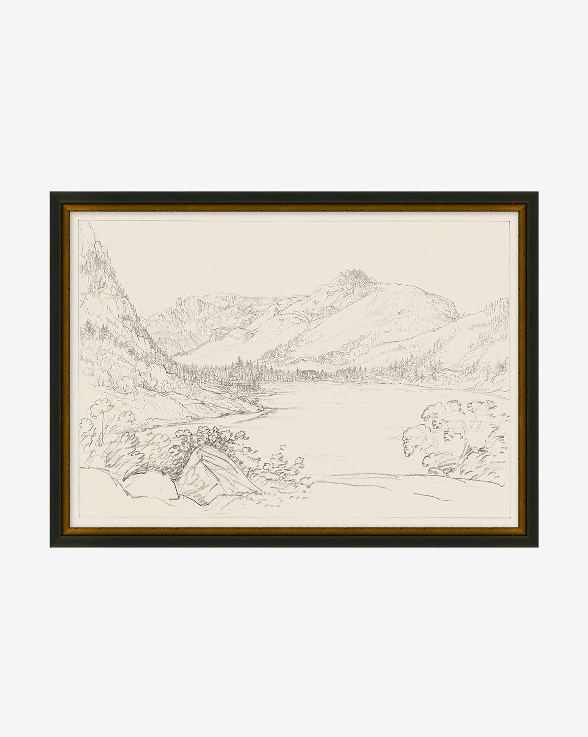Mountain Valley: A framed pencil sketch depicting a mountain valley landscape with distant peaks, forested hills, and a lake. This monochromatic artwork features fine lines and intricate detail throughout.