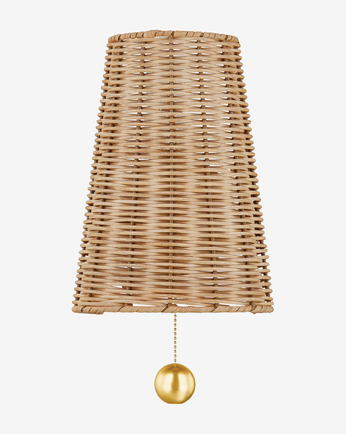Certainly! Here’s your blended sentence: The Naida Sconce by Hudson Valley Lighting features a cone-shaped woven rattan shade with an organic design, accented by a gold pull chain and round gold pendant, set against a plain white background—McGee & Co.