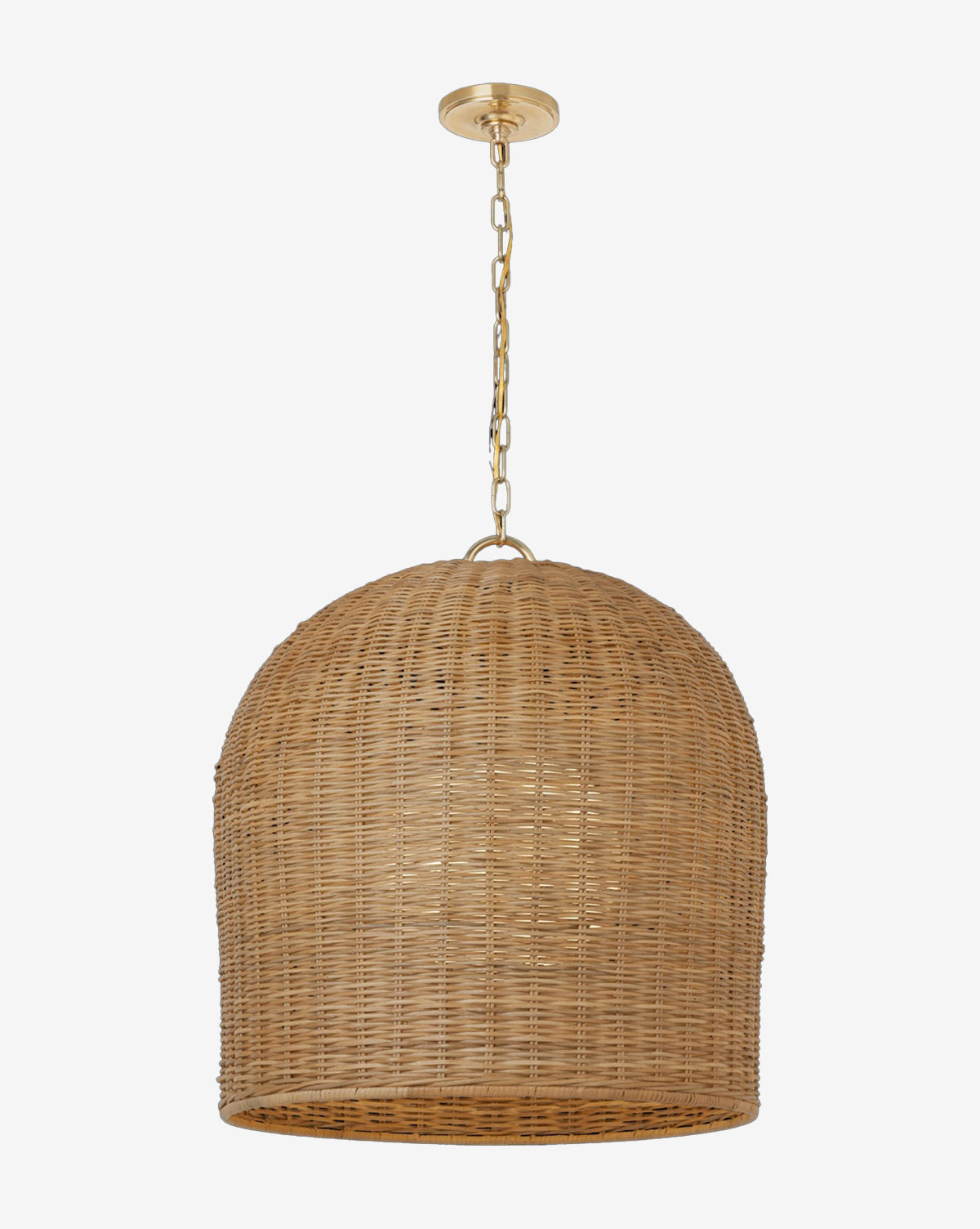 The Nancy Woven Hanging Shade features a dome-shaped rattan design with an organic woven texture, suspended from a gold chain and ceiling mount, shown against a plain white background, by McGee & Co.