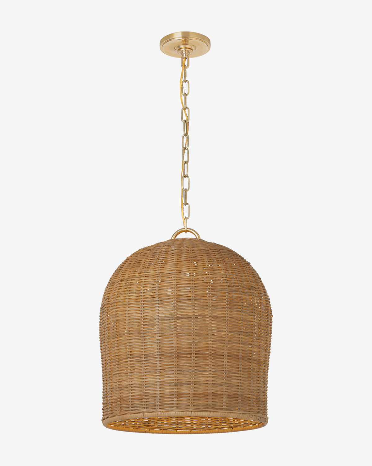 Certainly! Here is your blended sentence: The Nancy Woven Hanging Shade by Visual Comfort & Co. Signature features a dome-shaped wicker design, suspended from a gold chain and ceiling mount, shown against a plain white background, McGee & Co.