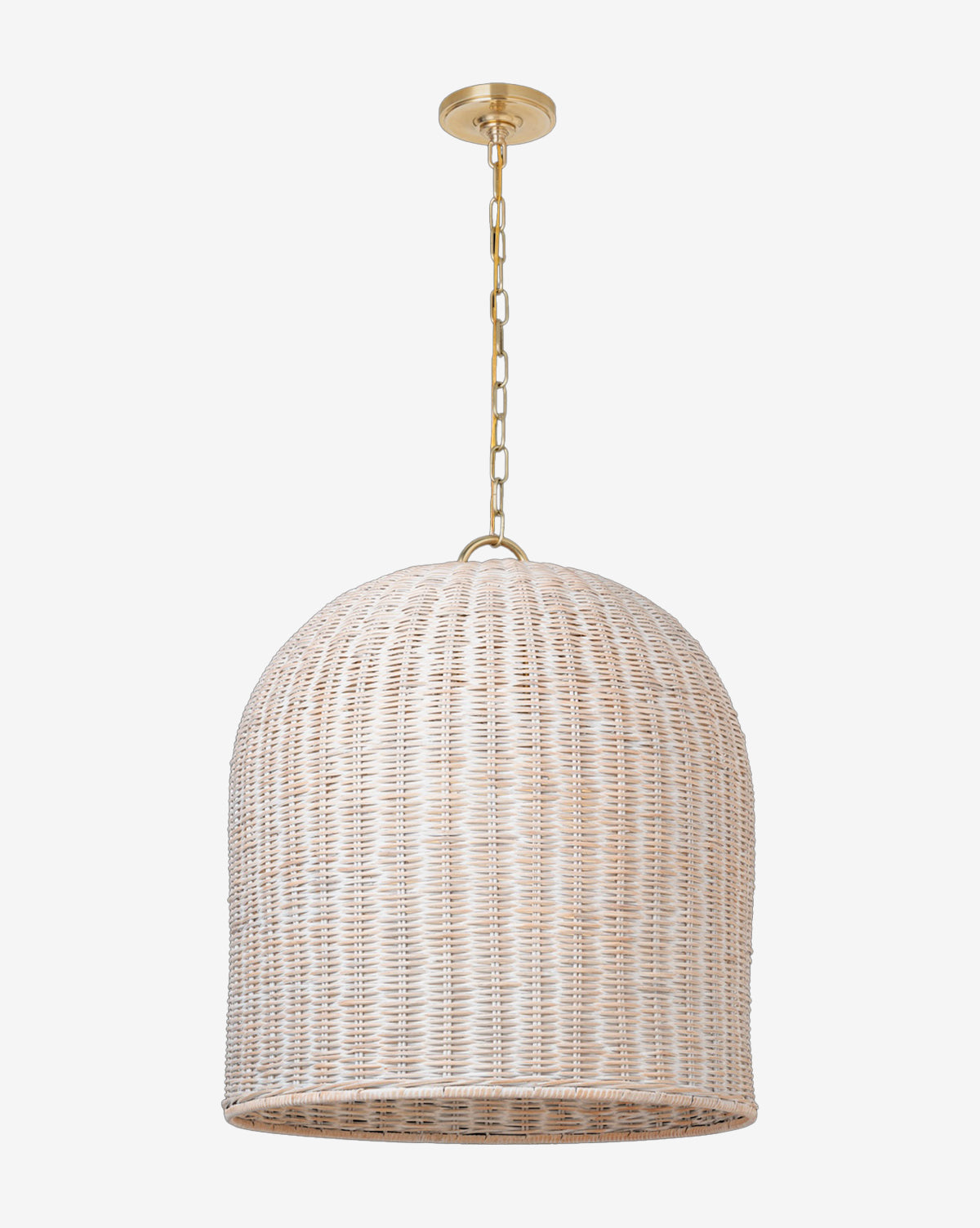 The Nancy Woven Hanging Shade is a dome-shaped pendant light with an organic design, featuring a woven wicker shade and brass chain and ceiling mount, set against a plain white background, by McGee & Co.