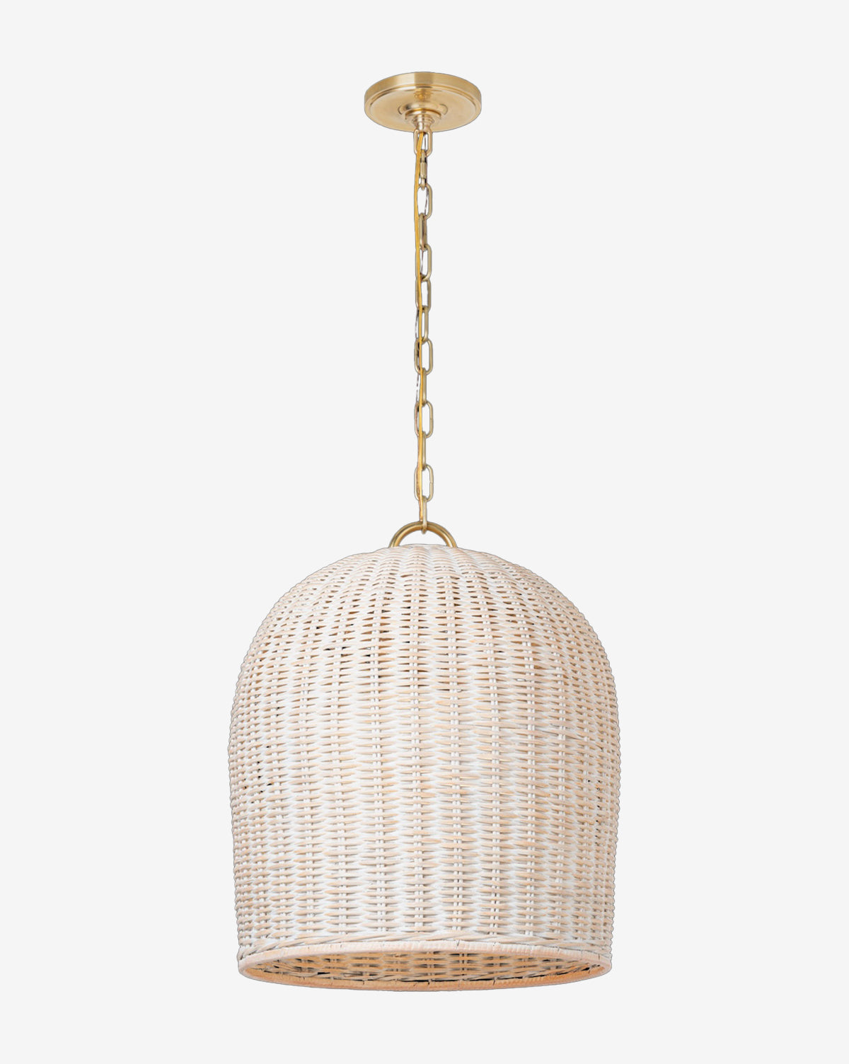 The Nancy Woven Hanging Shade features an organic dome-shaped rattan wicker design, suspended from a gold chain and ceiling mount, displayed against a plain white background, by McGee & Co.