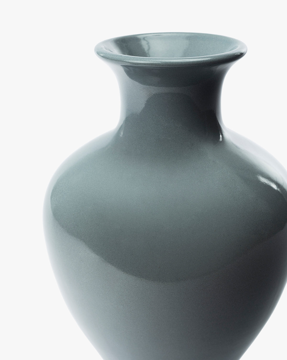 A close-up of the Natalia Vase in stone gray ceramic, showcasing its glossy finish, smooth surface, and wide flared rim against a simple white background, by McGee & Co.