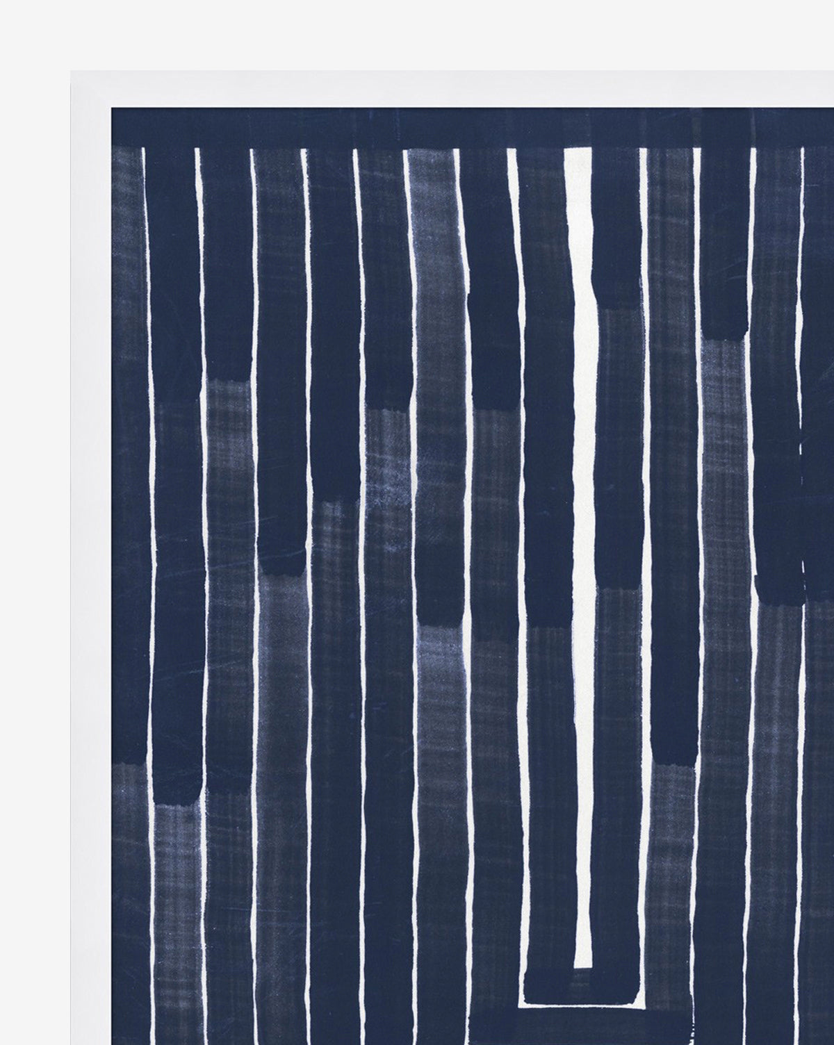 Navy Collection 1 is an abstract painting with vertical, uneven deep blue hues and white stripes on a white background, highlighted by a prominent central white stripe that stands out within the classic color palette.
