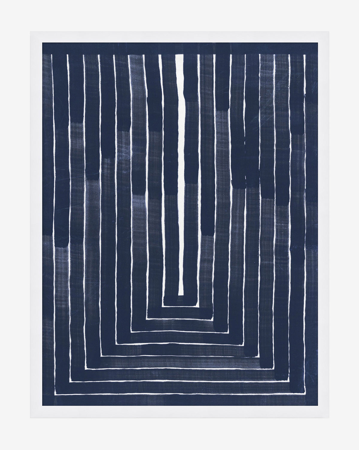 Abstract art with deep blue hues and vertical lines forming a rectangular maze-like pattern. The bold, uneven lines offer a hand-painted feel on a white background—perfect as Navy Collection 1.