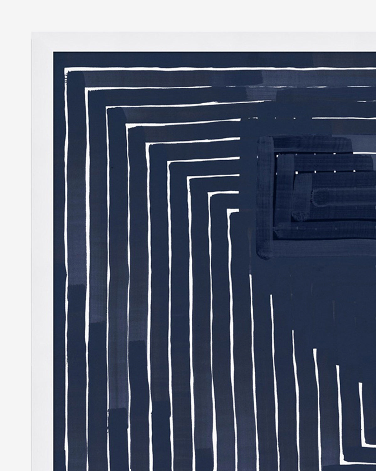 Navy Collection 2 showcases abstract white, uneven parallel lines creating a geometric maze on deep blue hues. Its classic palette adds depth and movement within a rectangular frame, making it a standout piece.
