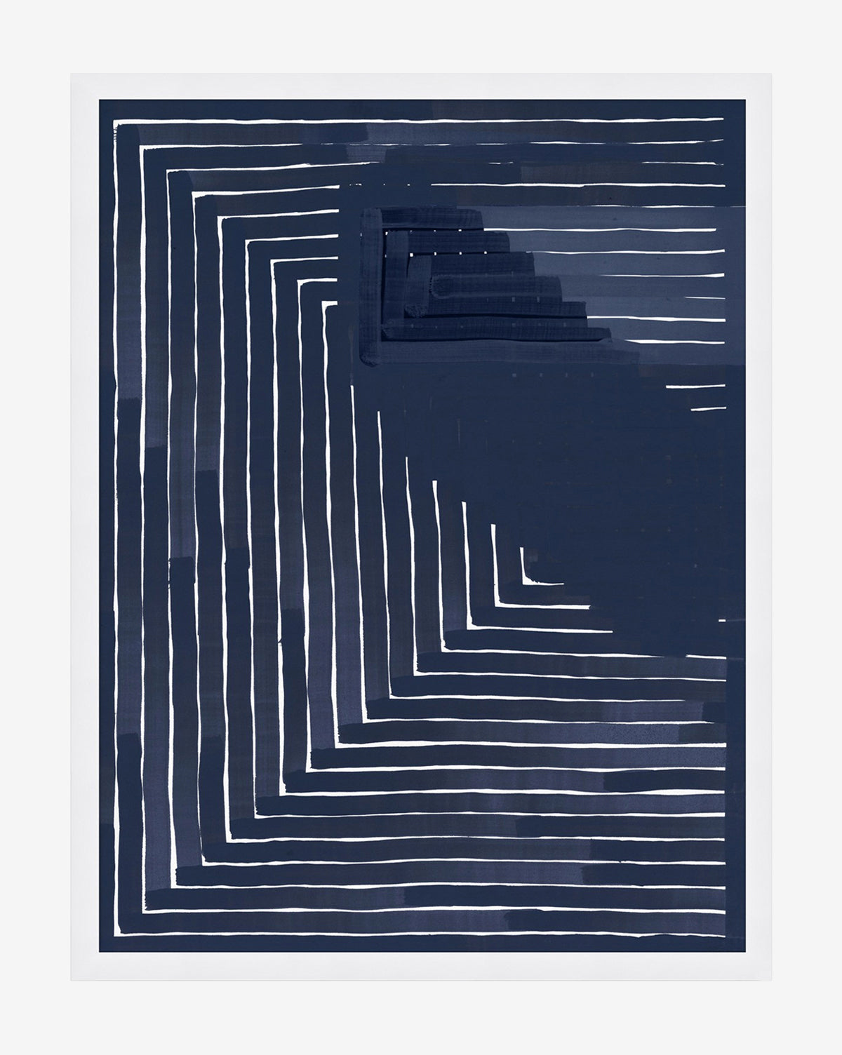 Navy Collection 2 showcases abstract art with a navy blue background and white, angular lines forming a partial square spiral, accented by deep blue shades and segmented lines that add dynamic contrast to the classic color palette.