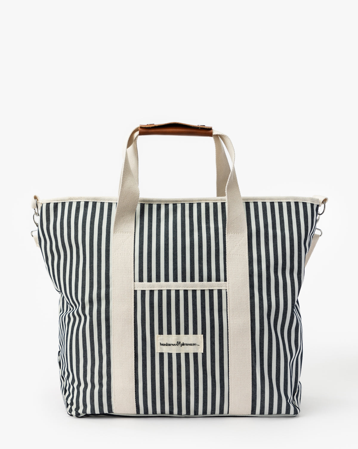Profile view of Navy Striped Cooler Bag, featuring durable handles and classic stripe design, from McGee & Co.