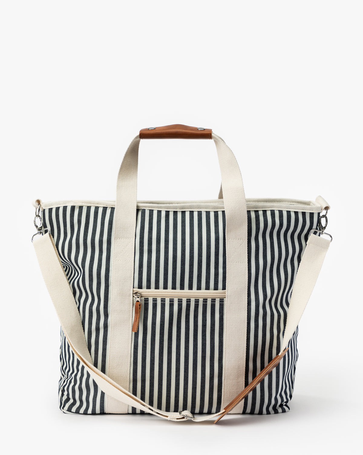 Navy Striped Cooler Bag styled indoors, perfect for beach, poolside, or fall outings, from McGee & Co.
