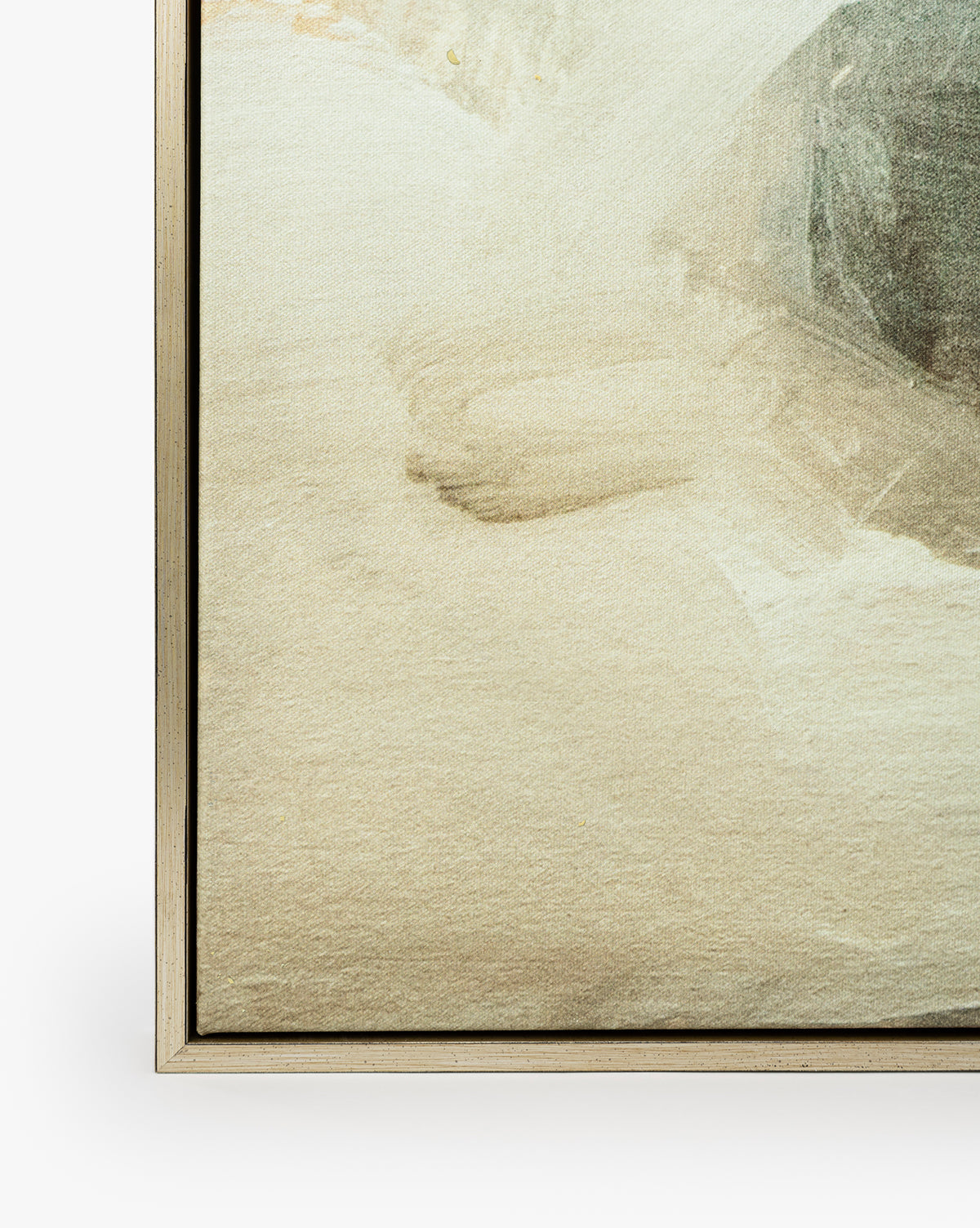Close-up of the bottom left corner of the framed Neutral Abyss canvas art, showcasing soft beige and off-white tones with subtle textures and gentle shading. The thin, light-colored frame enhances its modern aesthetic, by McGee & Co.