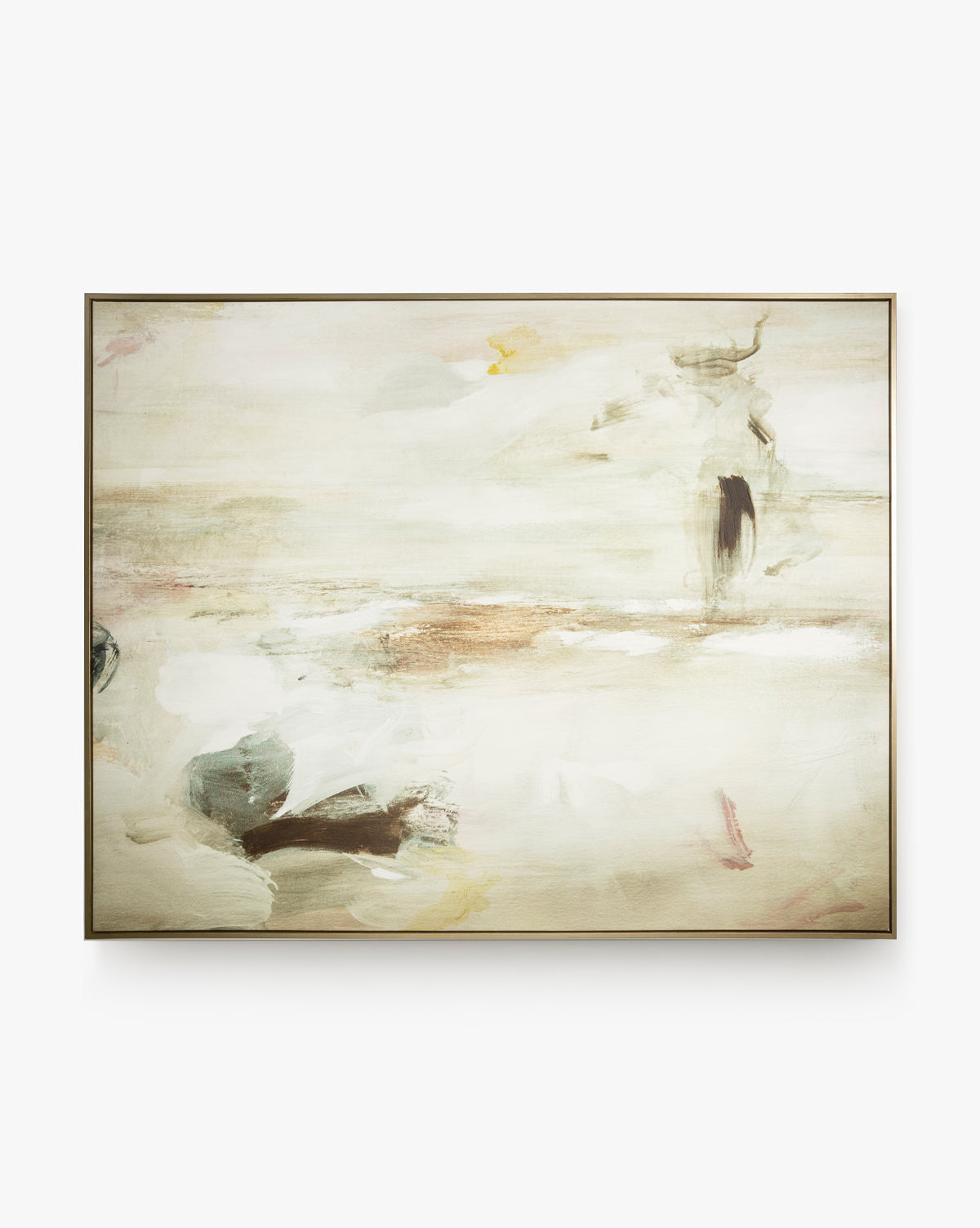 Neutral Abyss is an abstract canvas art with soft, muted tones of beige, cream, brown, green, and pink. Blurred shapes and brushstrokes create a calming feel on a gallery-wrapped canvas finished with a thin, dark border by McGee & Co.