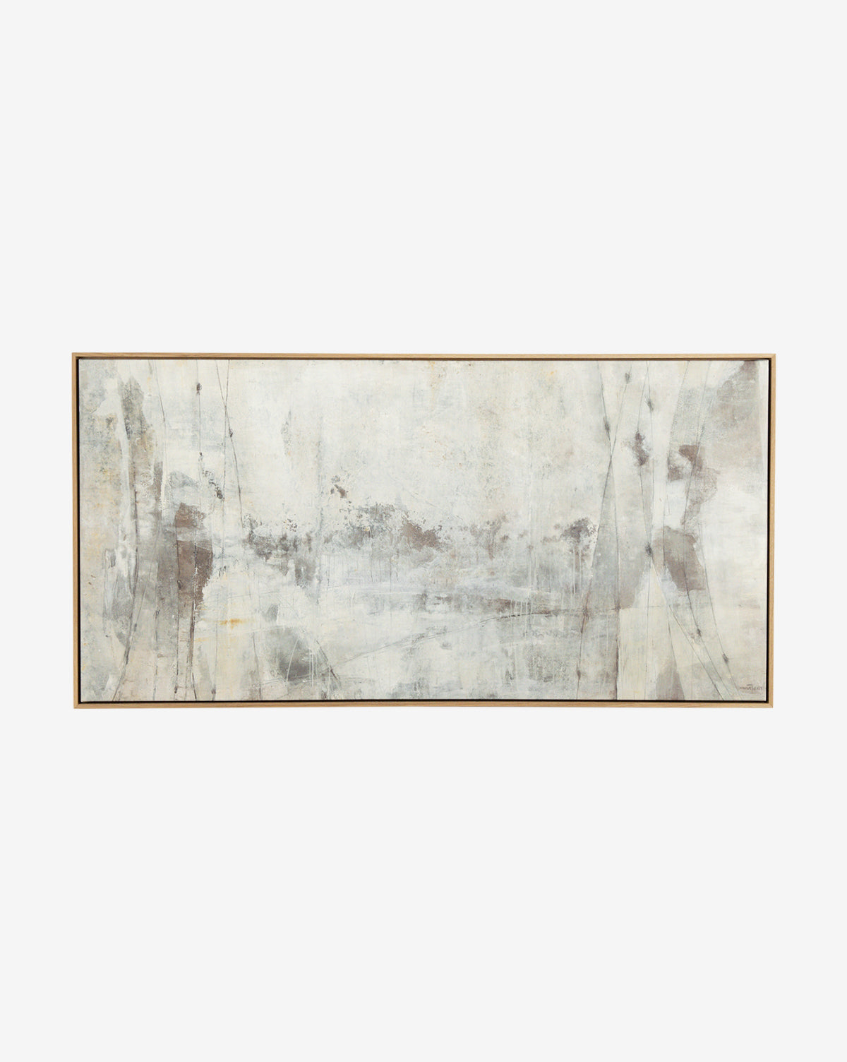 Penumbra VI by Matera features abstract acrylic art with muted gray, white, and beige tones, soft textured brushstrokes, and subtle vertical lines on museum-quality canvas in a slim dark frame.