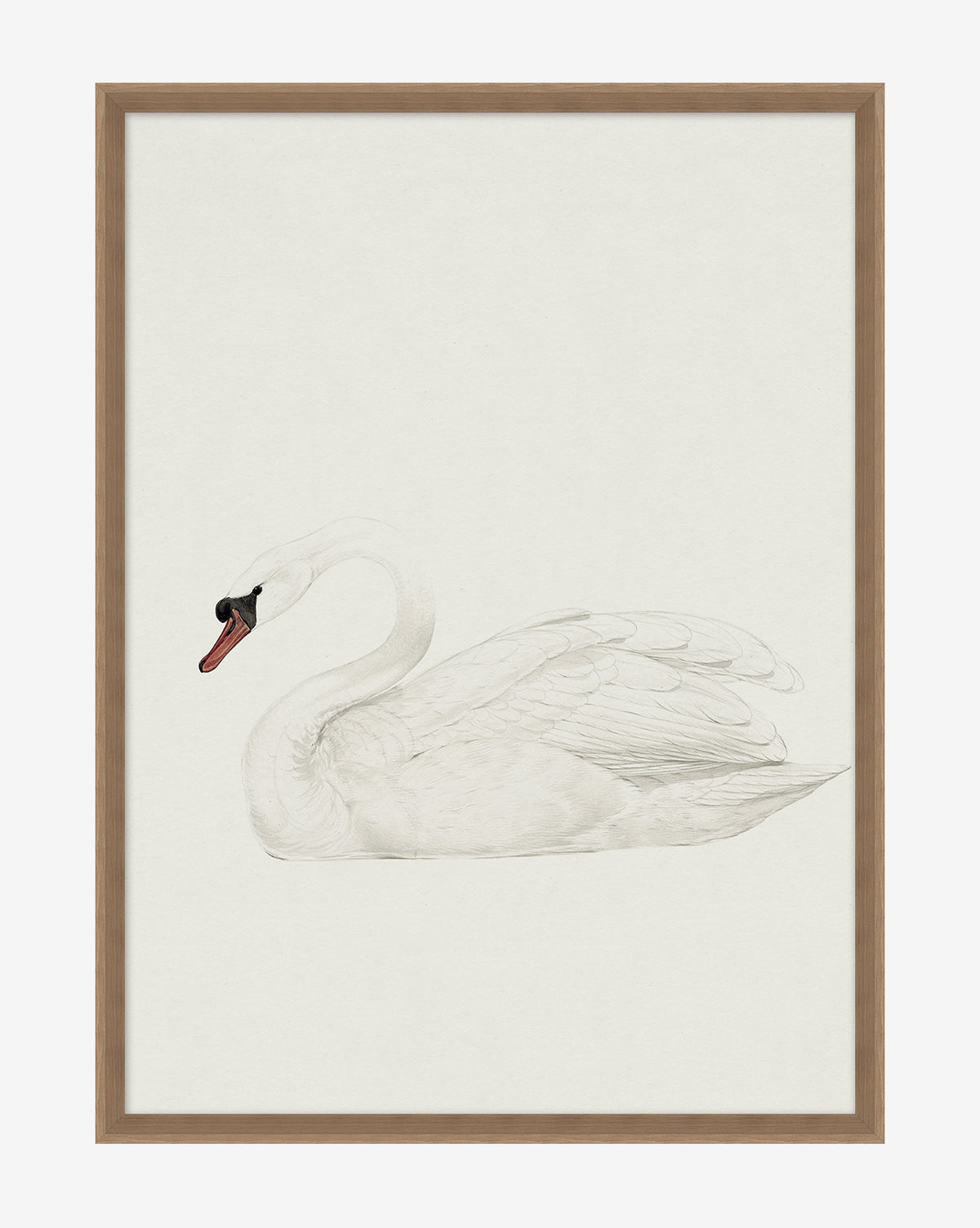 Neutral Swan features a minimalistic illustration of a white swan with an orange beak on water, set against a plain light background and framed in elegant walnut wood grain.