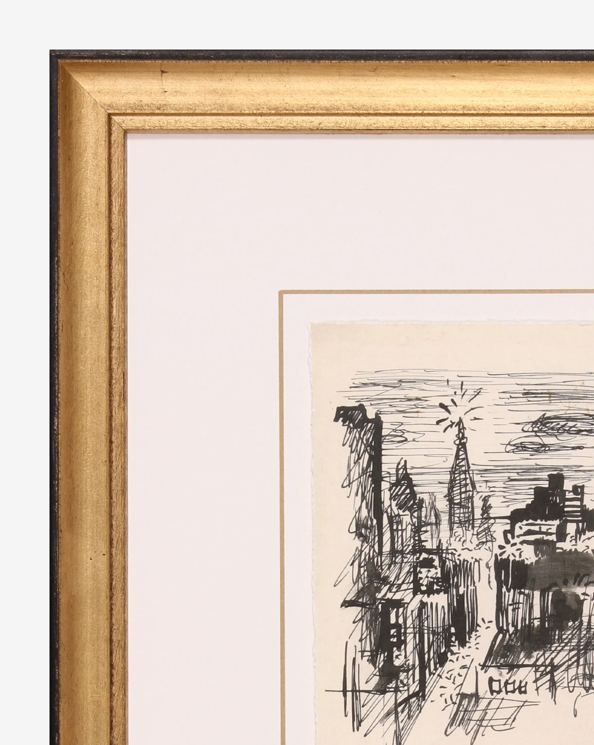 The New York City Sketch is framed artwork showcasing a black ink cityscape with tall buildings and a sunburst, set on a white mat and partially displayed in a gold-finished wood frame.