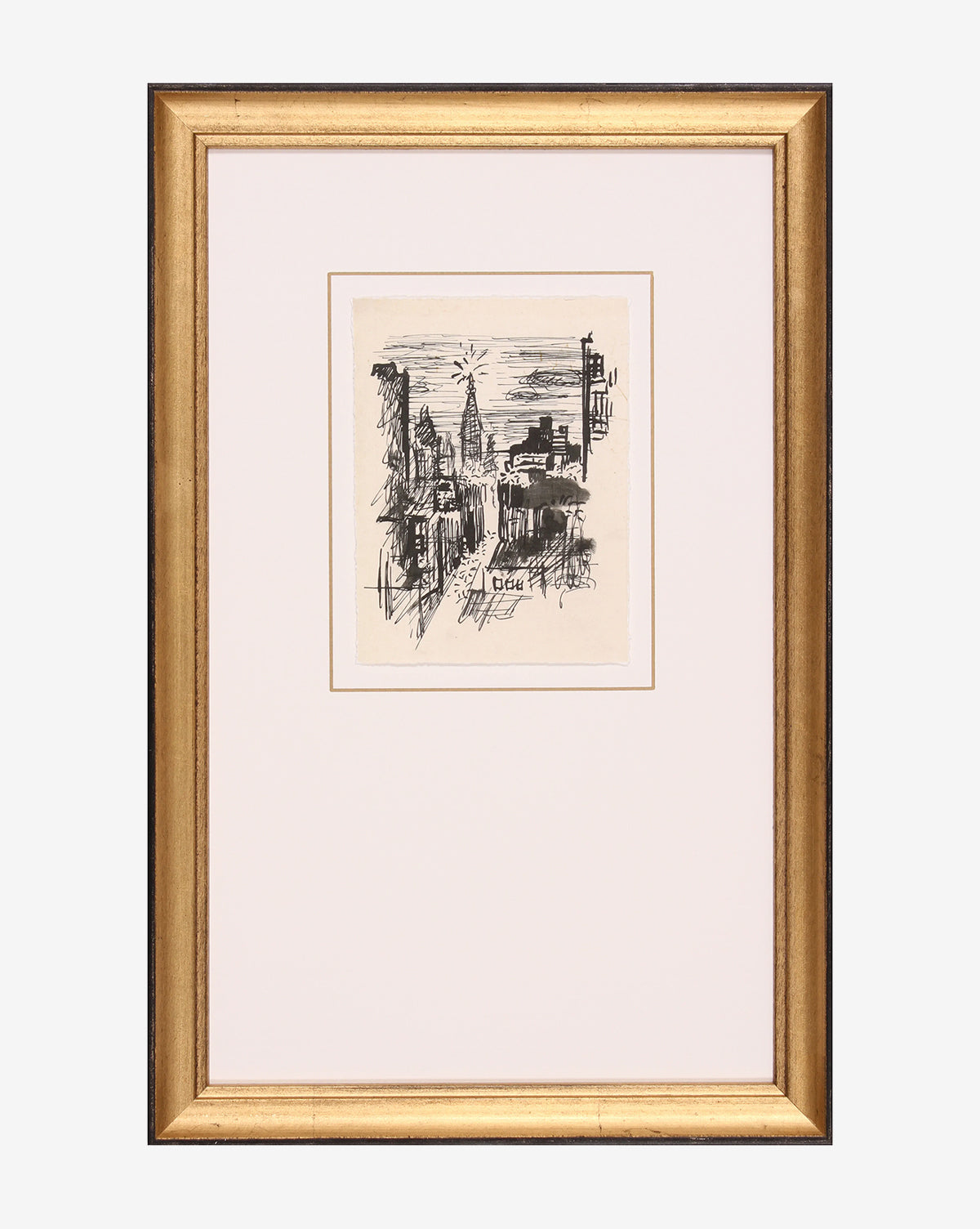 The New York City Sketch is a black and white giclee print of tall buildings and a bright sun, framed with a gold-finished wood frame and white mat.