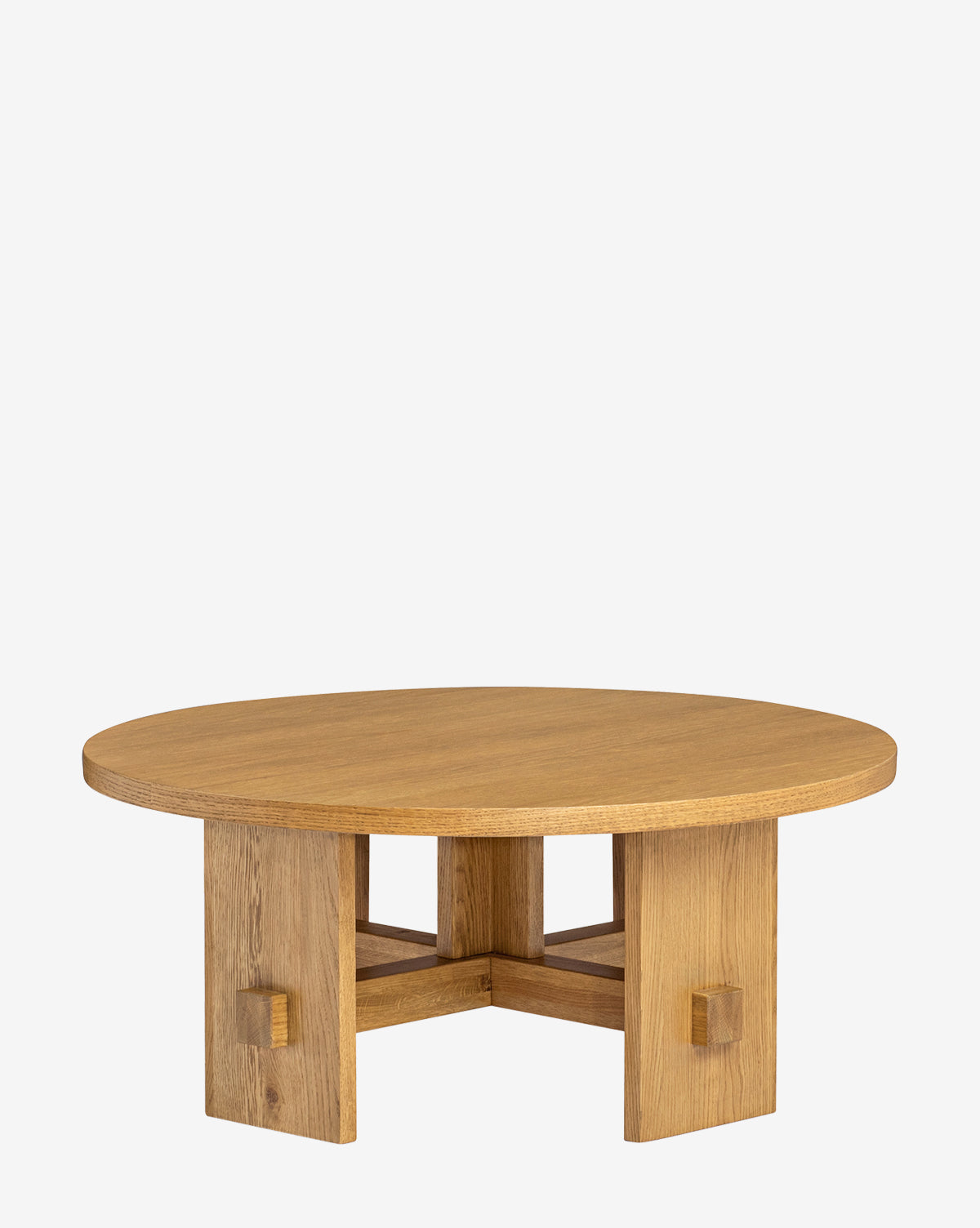 The Newbold Coffee Table features a round oak top and sturdy geometric legs with horizontal supports, displayed against a plain white background by McGee & Co.