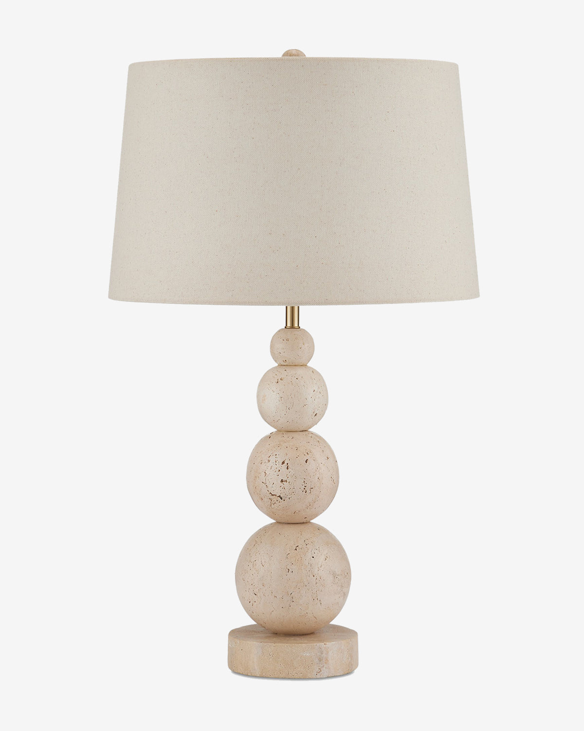 The Niobe Table Lamp by Currey & Co. features a sculptural beige travertine base with three stacked round shapes and a wide linen shade, displayed against a plain white background. McGee & Co.