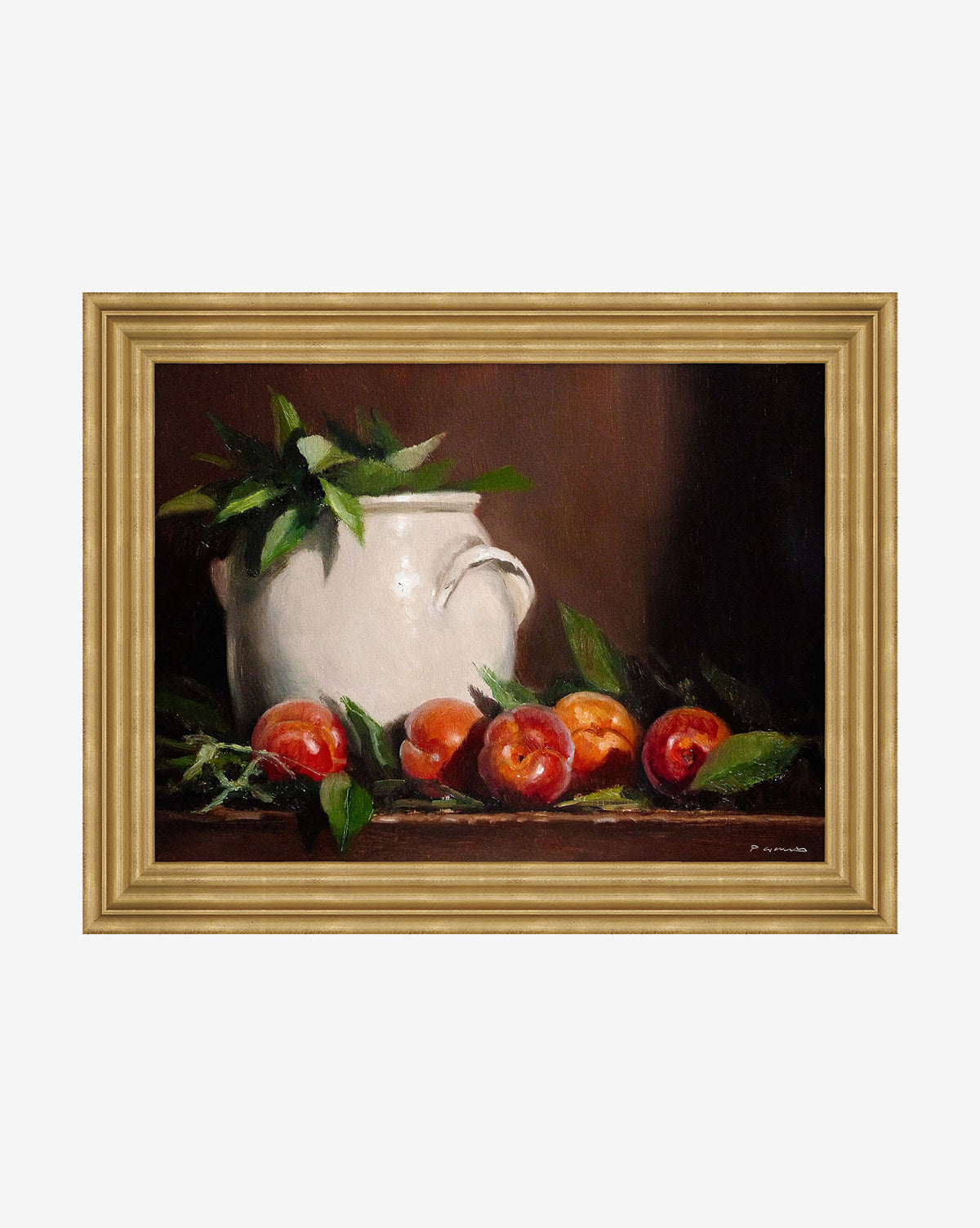Nocturnal Orchard 3 by Pascal Giroud is a framed still life print of a white ceramic pitcher with green leaves and red-orange apples on a dark surface—an elegant, gallery-quality decor piece for any space.