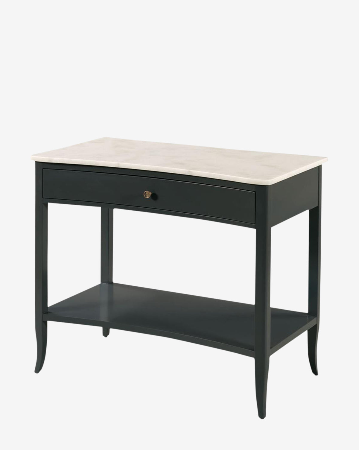 The Noely Nightstand is a compact black wood piece with a white rectangular tabletop, a spacious front drawer with a round knob, and an open lower shelf by McGee & Co.
