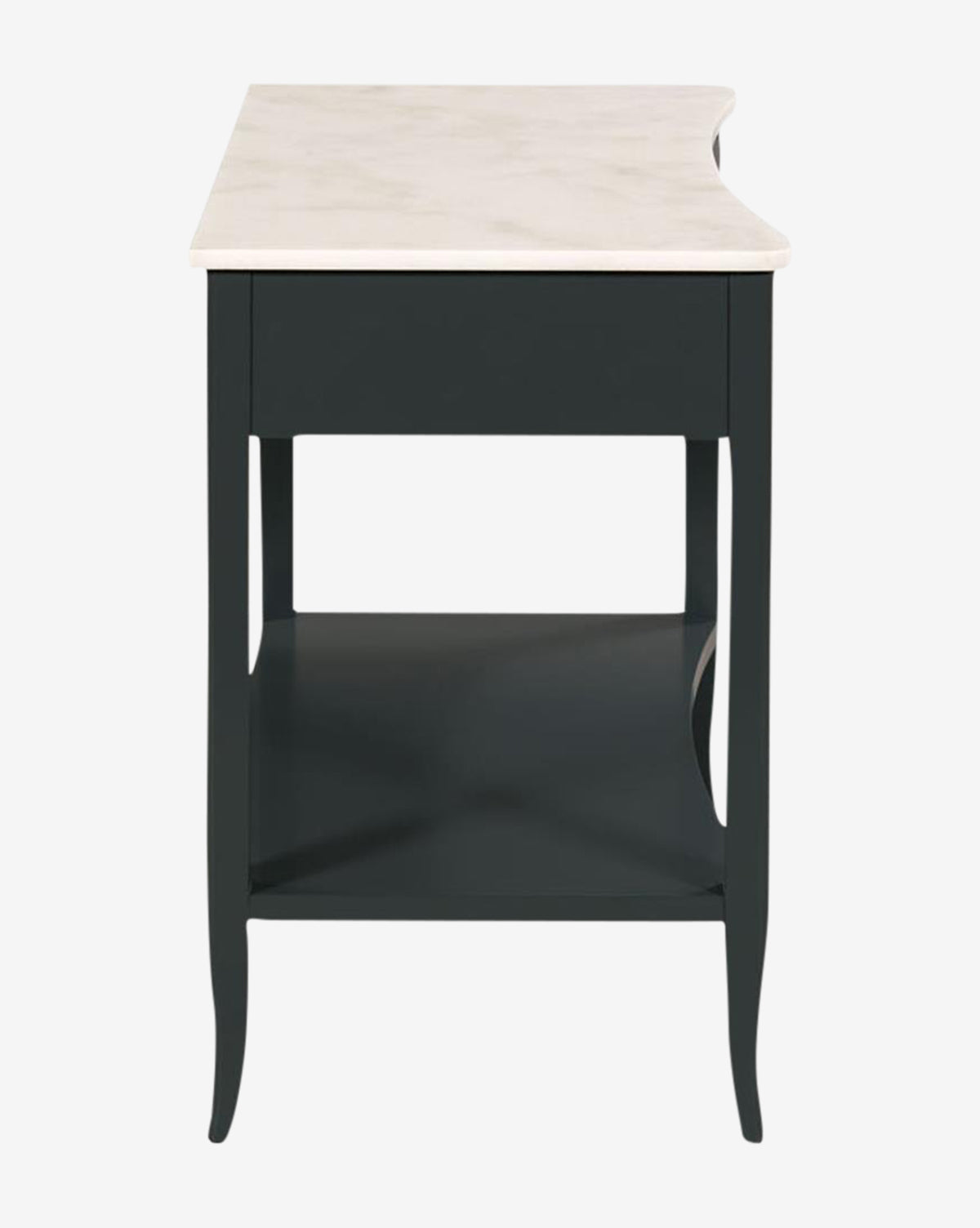 The Noely Nightstand features a side view of wood with a white stone tabletop, black curved legs, a lower black shelf, and a spacious drawer. Its classic, elegant design enhances any bedroom décor by McGee & Co.