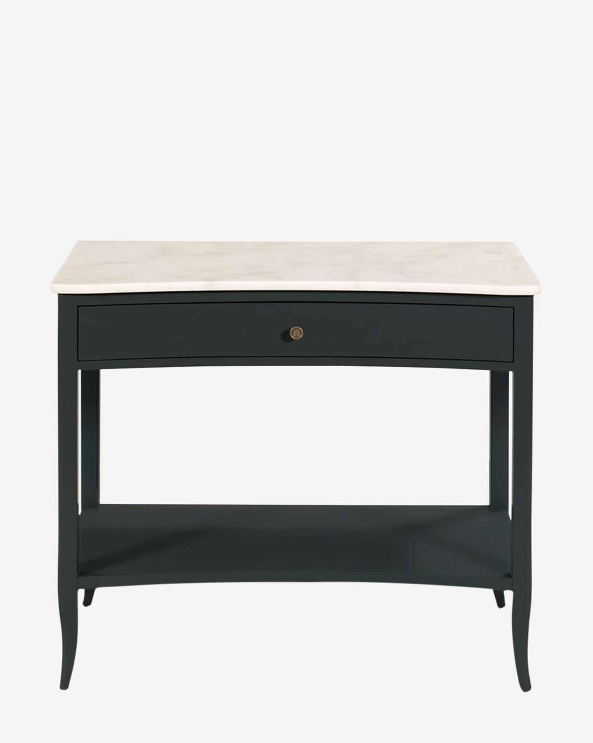 The Noely Nightstand, shown against a plain white background, features a black wooden frame with curved legs, a spacious drawer, lower shelf, and a light-colored stone tabletop by McGee & Co.