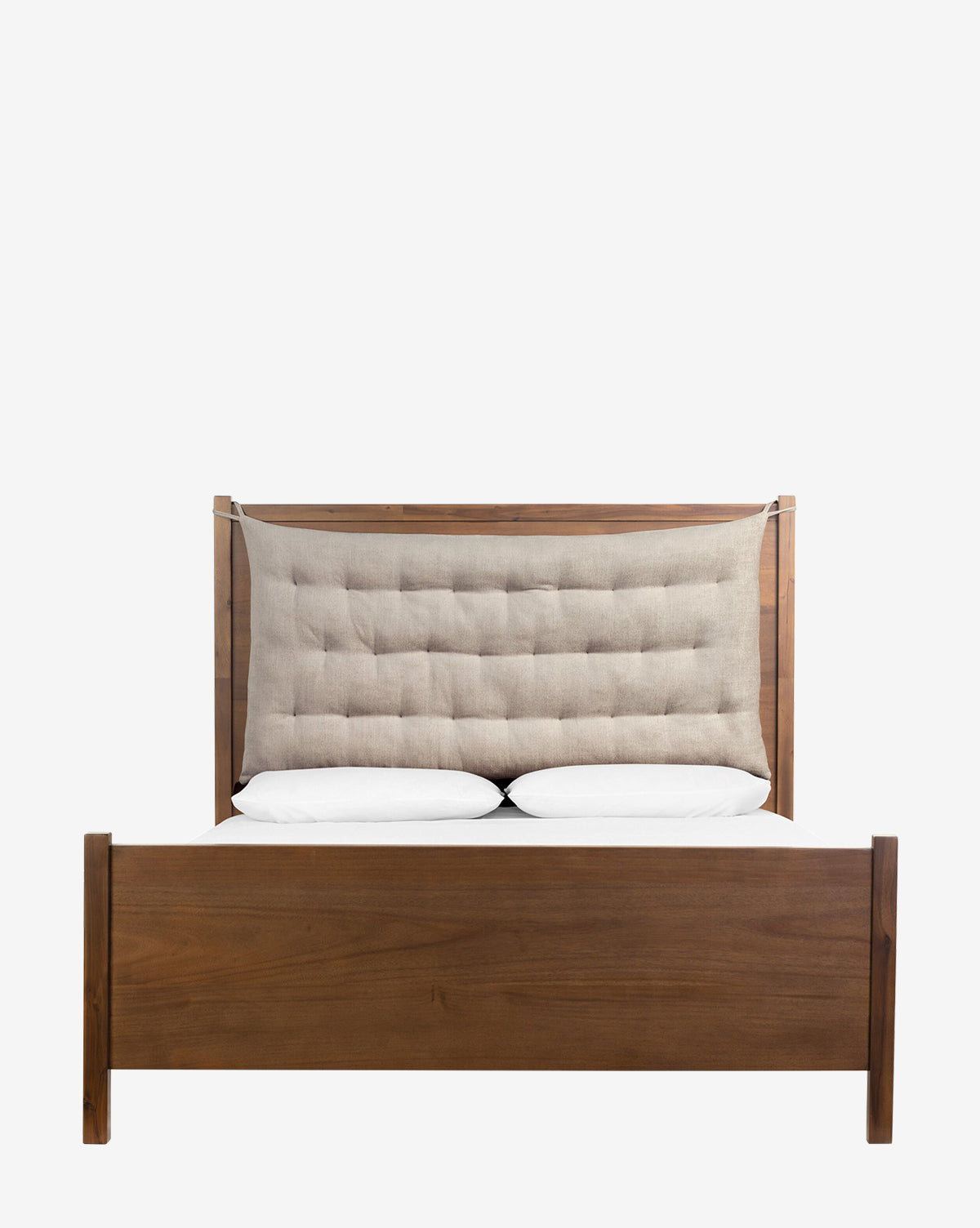 The Four Hands Noemie Bed showcases a modern wooden frame and a high padded beige tufted headboard, paired with two white pillows, all set against a plain white background. McGee & Co.