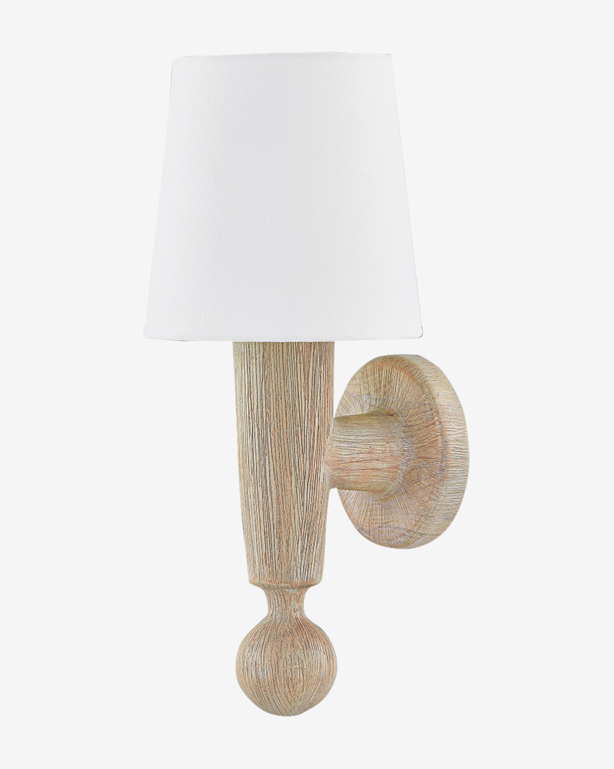 The Nola Sconce by Hudson Valley Lighting is a wall-mounted sconce featuring a textured cerused whitewash wood base, round backplate, and white cone-shaped shade, blending rustic and modern styles for stylish home lighting. McGee & Co.