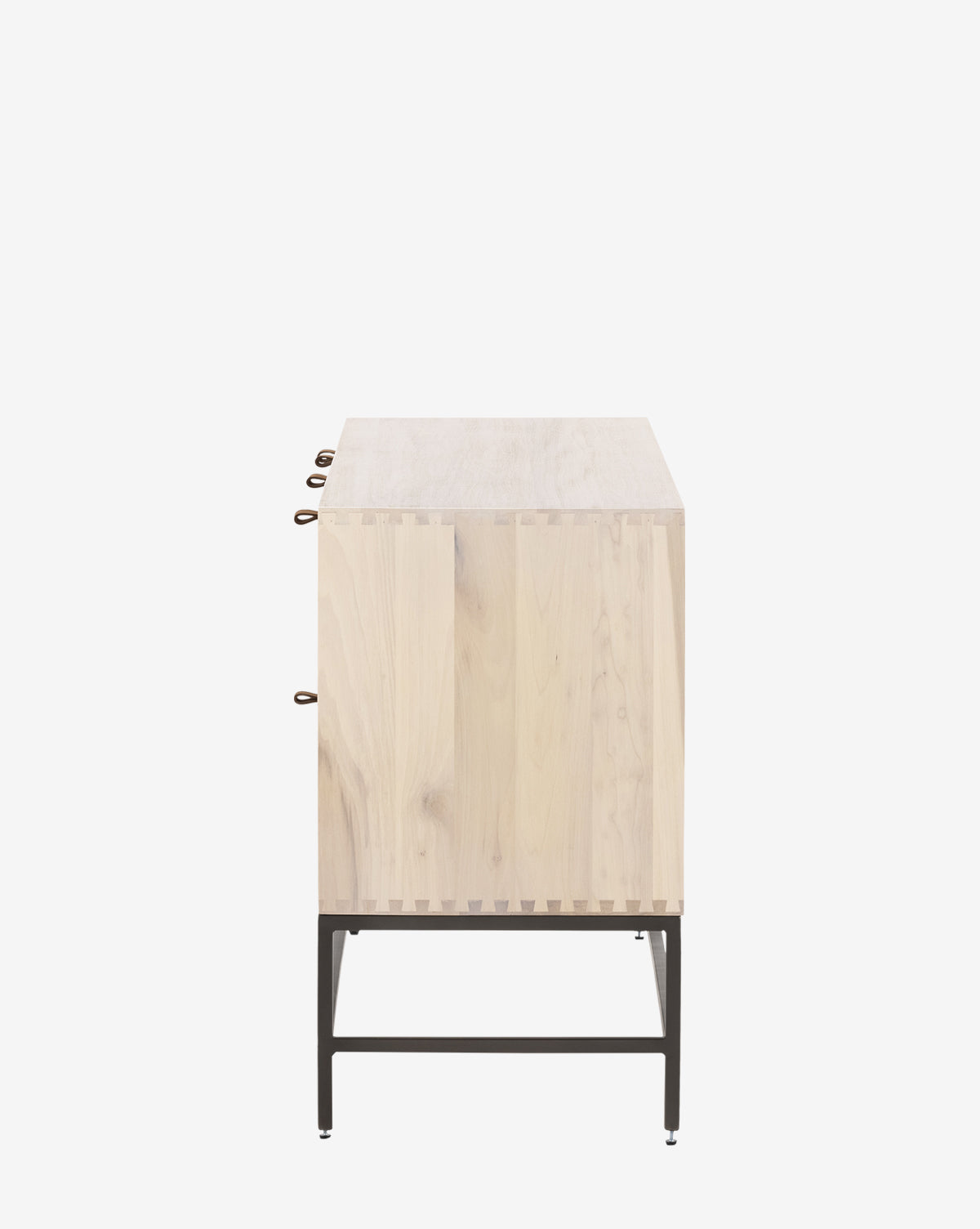 Side view of the Noland Sideboard, a modern light wood sideboard with dovetail joints, three round drawer handles, hidden storage, and black metal legs, set against a plain white background, by McGee & Co.