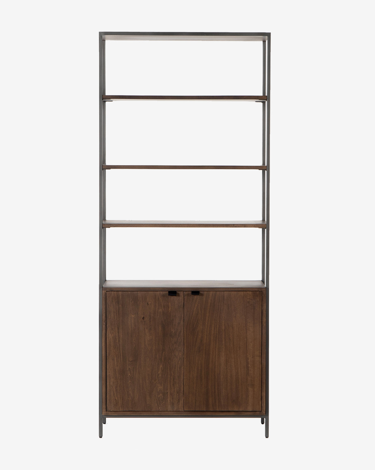 The Noland Wide Bookshelf features a tall iron frame, three open wooden shelves, and a two-door cabinet at the base, shown against a white background by McGee & Co.