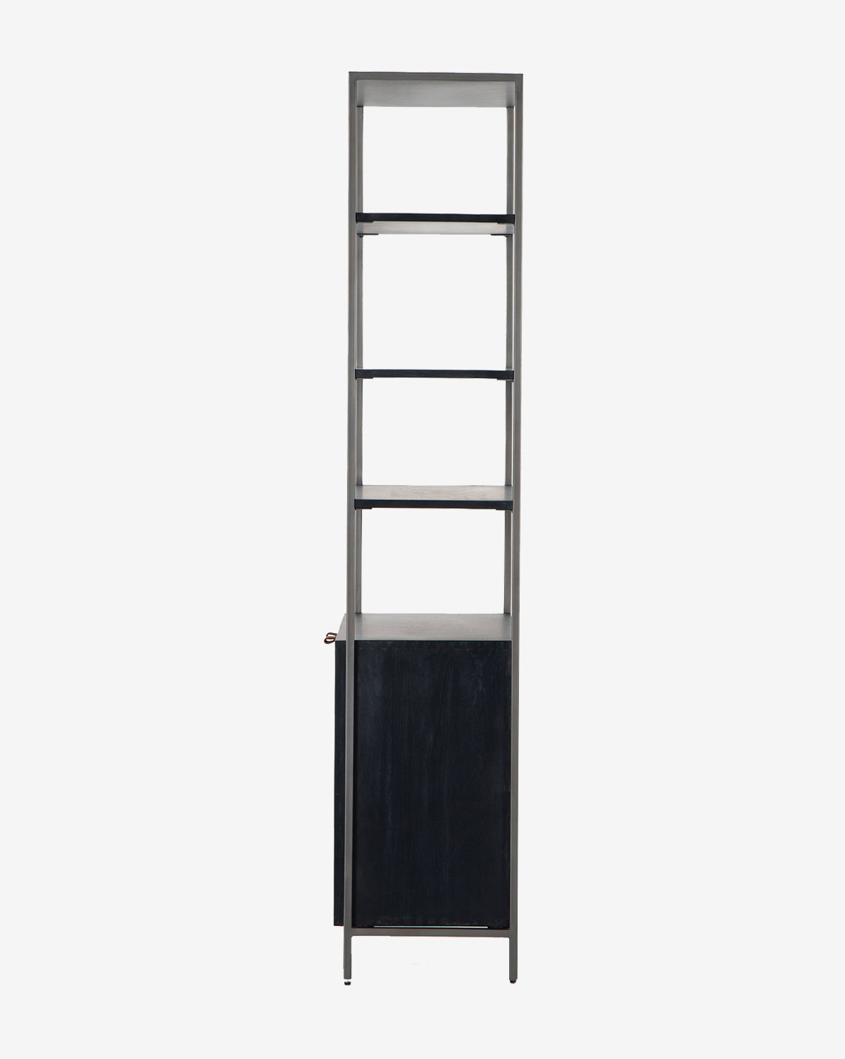 The Noland Wide Bookshelf features a tall, modern iron design with a sturdy metal frame, three open shelves, and a lower cabinet with a dark door, displayed against a plain white background by McGee & Co.
