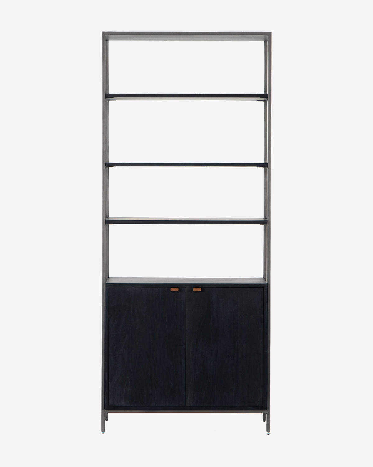 The Noland Wide Bookshelf features a tall, modern design with three open shelves, a two-door cabinet at the bottom, a black iron frame, and dark cabinet doors, shown against a plain white background by McGee & Co.