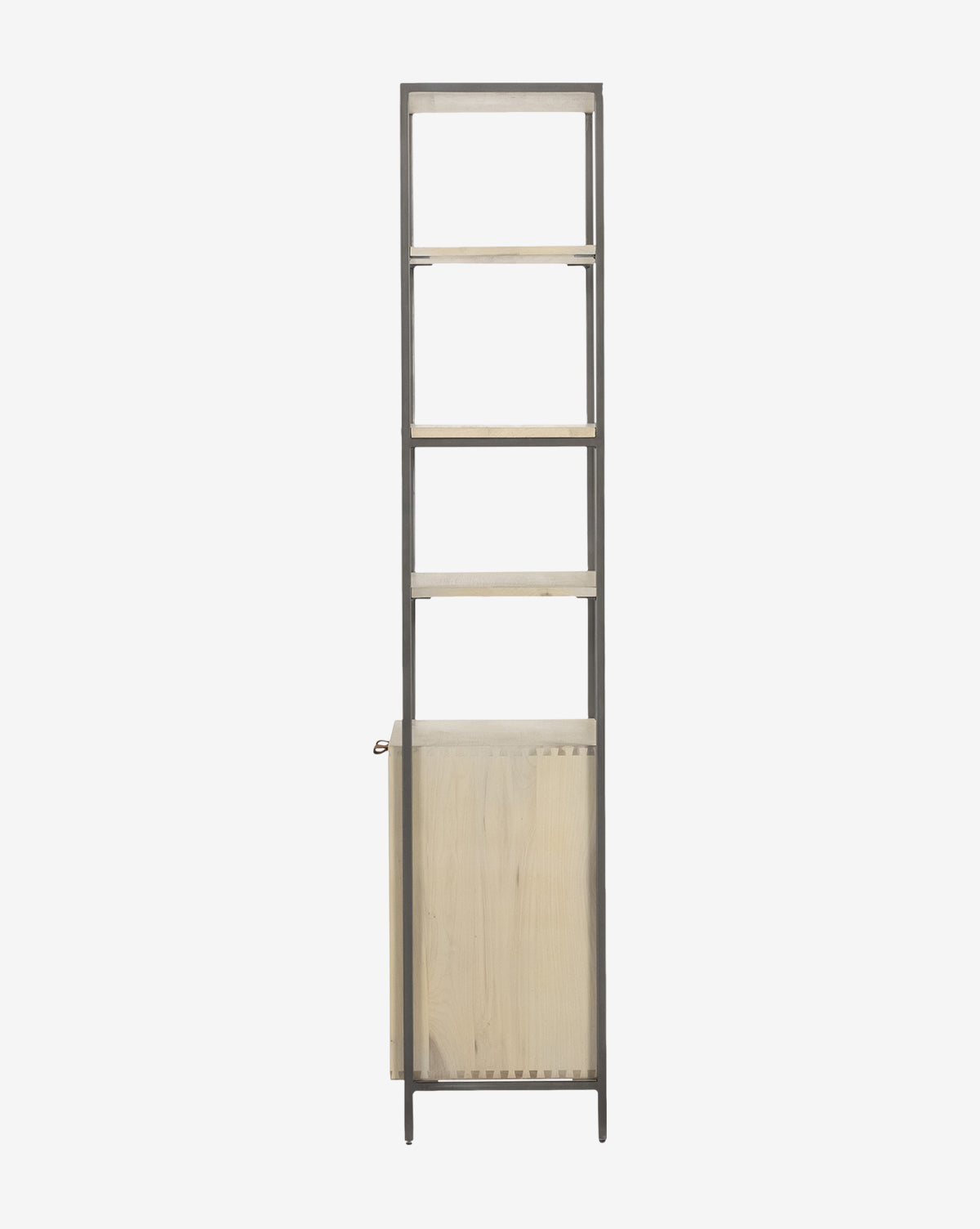 The Noland Wide Bookshelf features a tall, narrow metal frame, three open wooden shelves, and a wooden cabinet at the bottom, by McGee & Co. It stands on four slim legs against a plain white background.