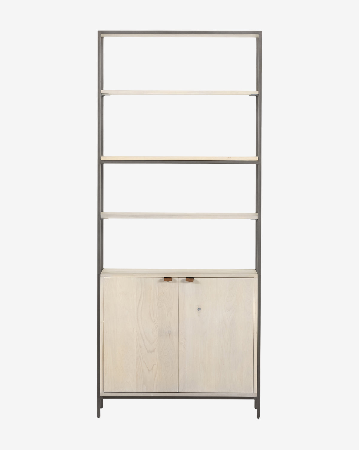 The Noland Wide Bookshelf features a sturdy iron frame, three open shelves, and a double-door wooden cabinet. Its light wood finish and minimalist design make it ideal for modern spaces, by McGee & Co.