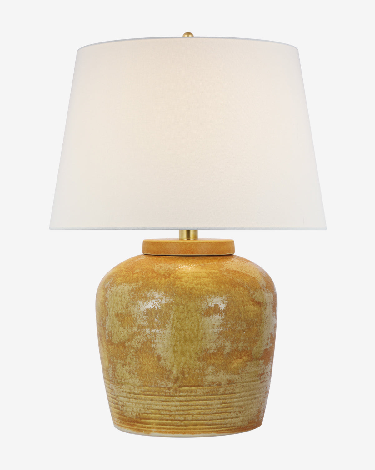 The Nora Table Lamp features a wide, rounded yellow-brown textured ceramic base and a large white linen shade, displayed against a plain white background, by McGee & Co.