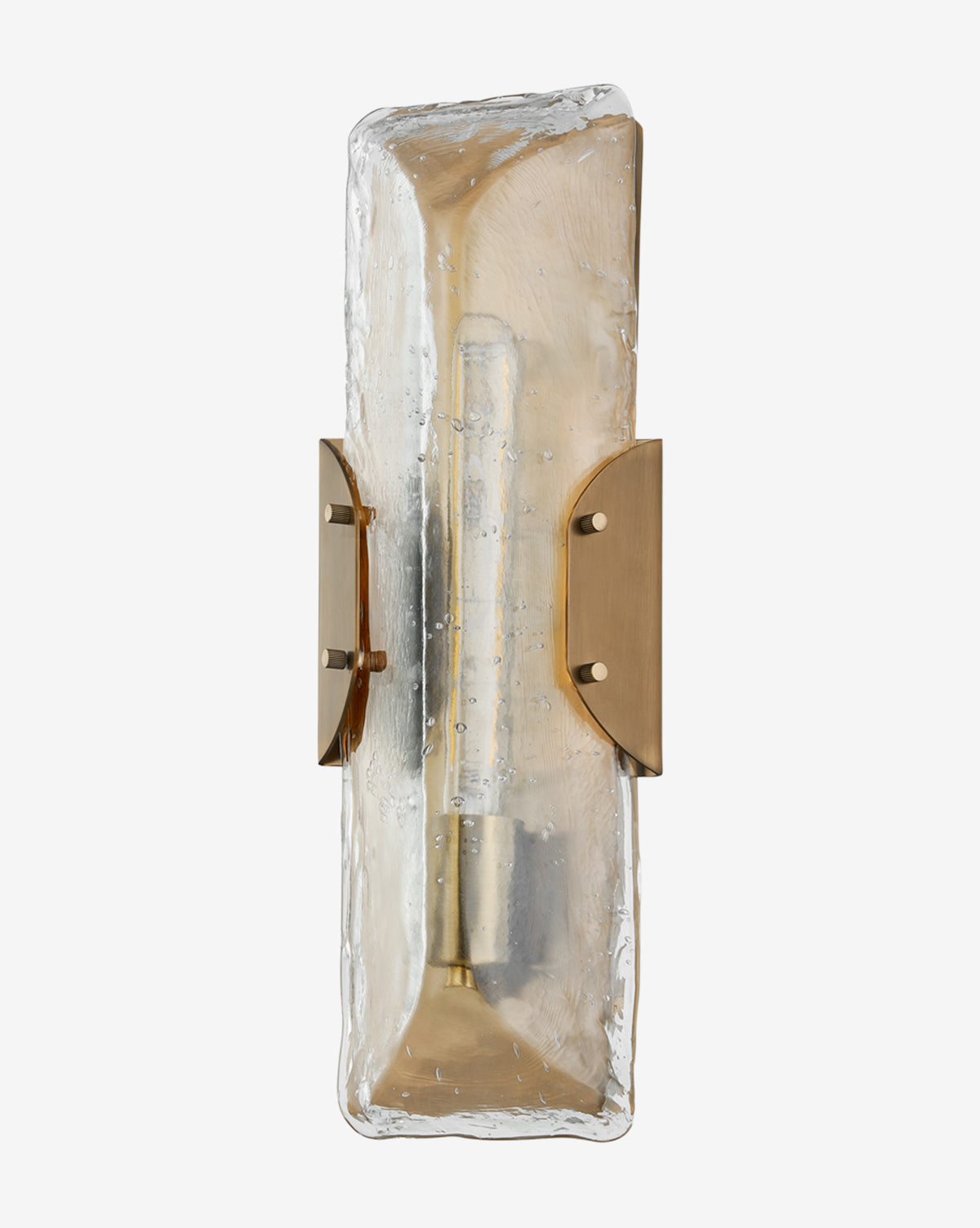 The Troy Lighting Nordic Sconce showcases a rectangular seeded glass shade with patina brass accents, featuring a central tubular bulb for a modern Nordic touch by McGee & Co.