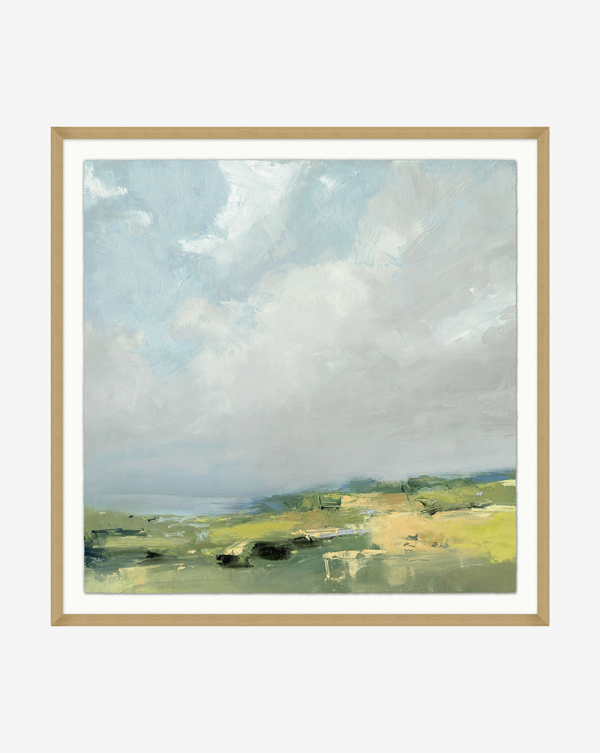 North View by Julia Jensen is a framed abstract landscape featuring a cloudy blue sky above green and yellow fields, created with soft brushstrokes and light colors on watercolor paper.