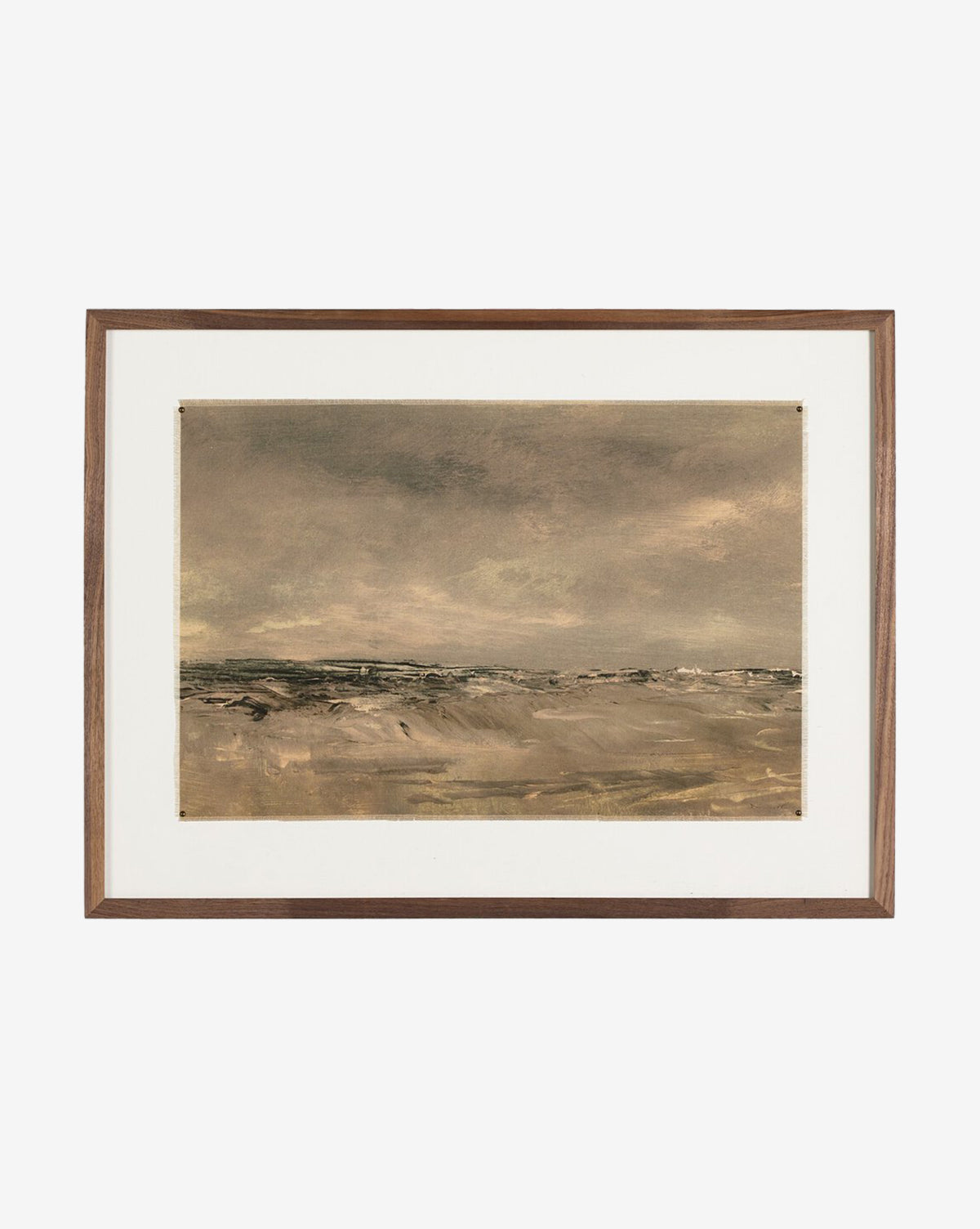 “North Wind by Dan Hobday” is a framed landscape with muted earthy tones and a cloudy sky over an open plain; its simple wood frame and white mat accentuate the tranquil scene, by McGee & Co.